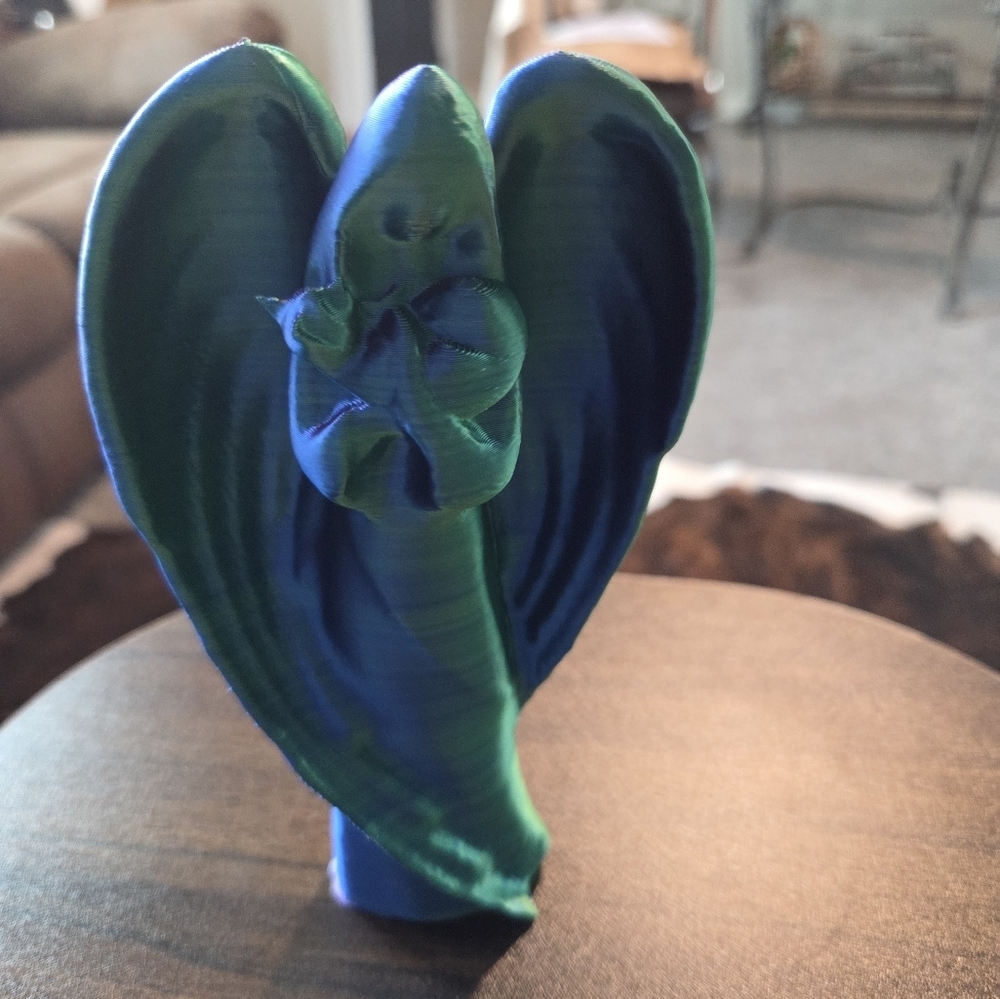 3-D Printed Blue, Green & Pink Angel Sculpture Holding A Cat